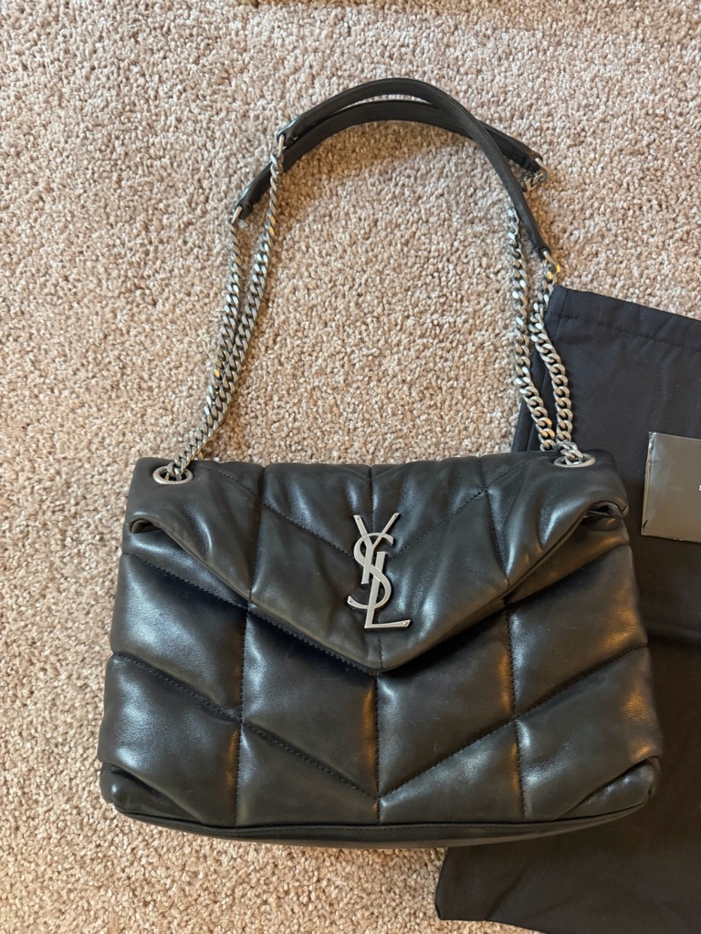 Saint Laurent Quilted Black Chevron Shoulder Bag with Silver YSL Hardware